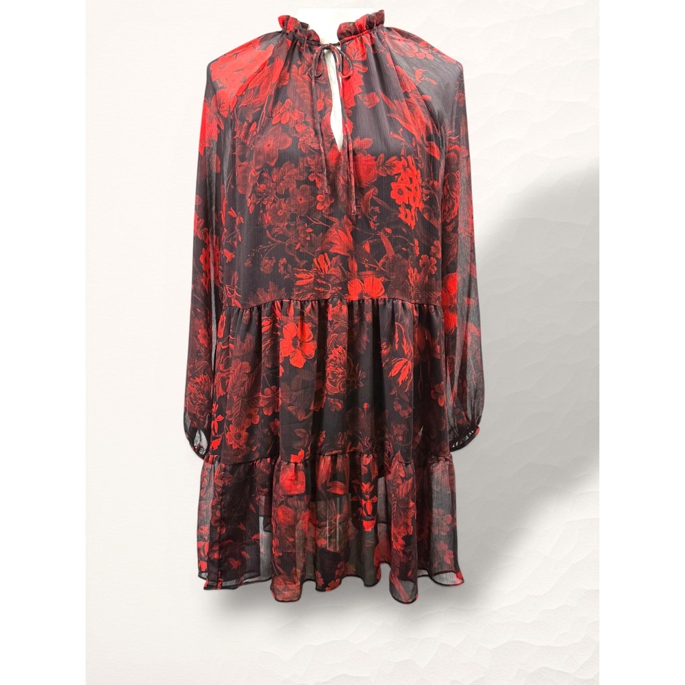 H&M Floral Babydoll Dress Women Size 10 Red Black Dark Romance Chiffon Tiered